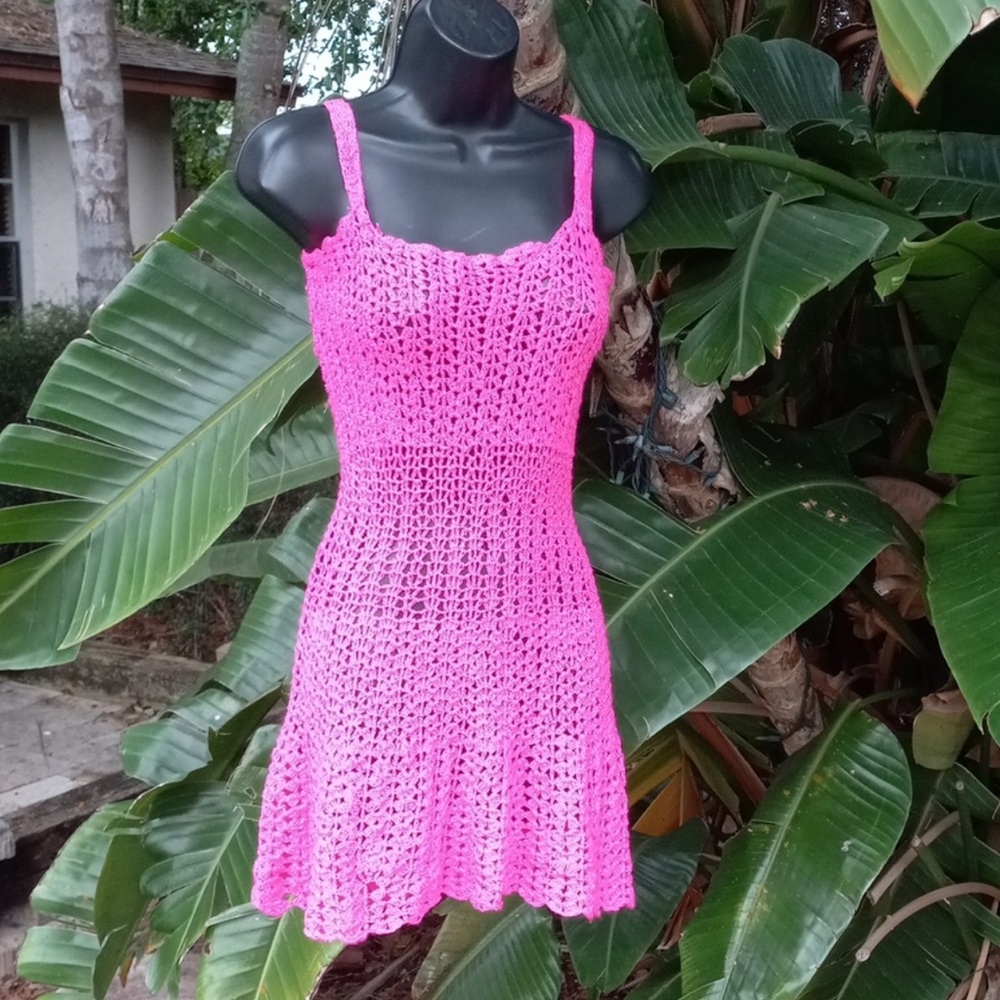Neon pink crochet dress